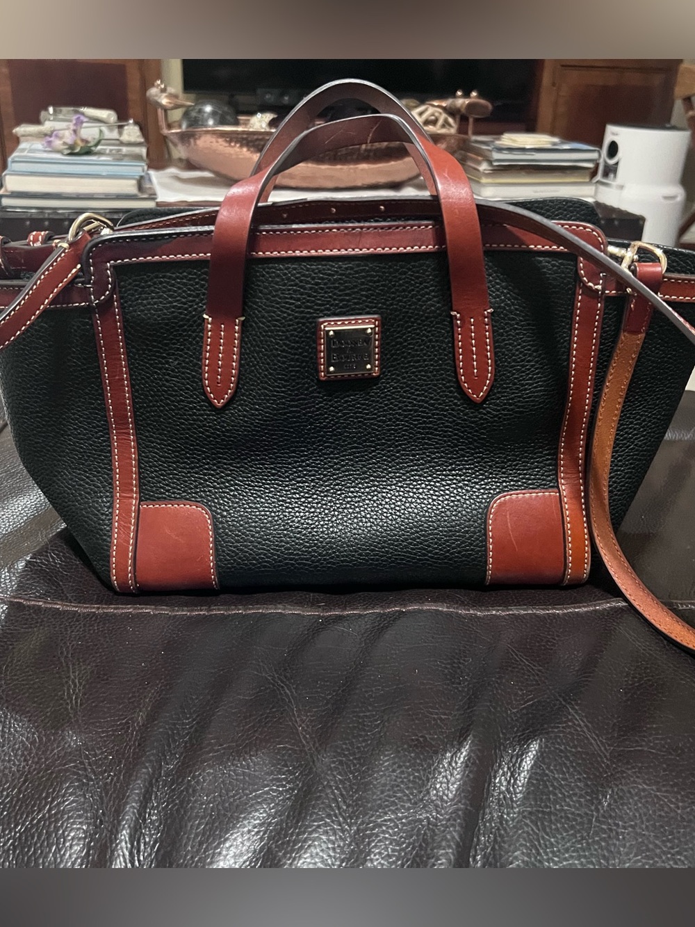 Dooney & Bourke Black Pebbled Leather Satchel Tote with Brown Trim
